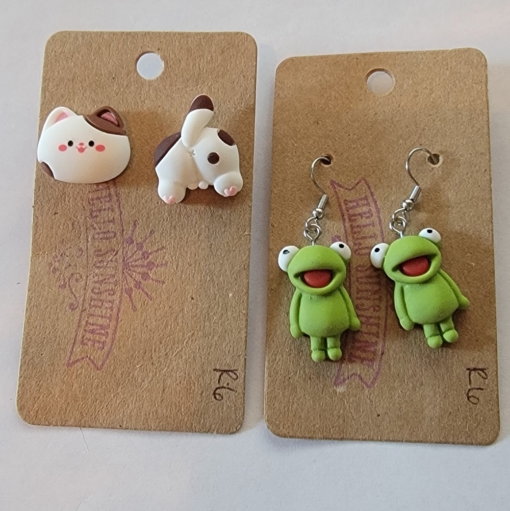 2 Pair Frog and Cat Earrings